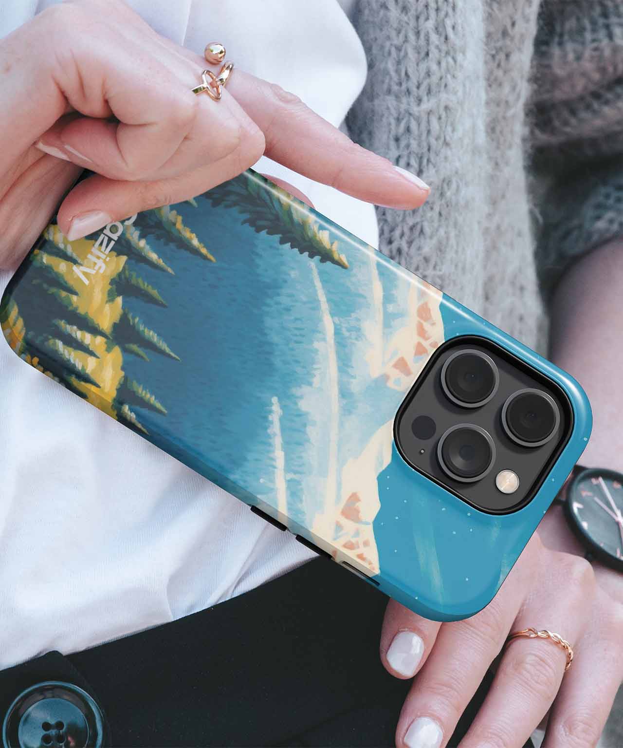 Cazify Canada - IPhone case with blue, cream, and green abstract nature-inspired design, glossy finish.
