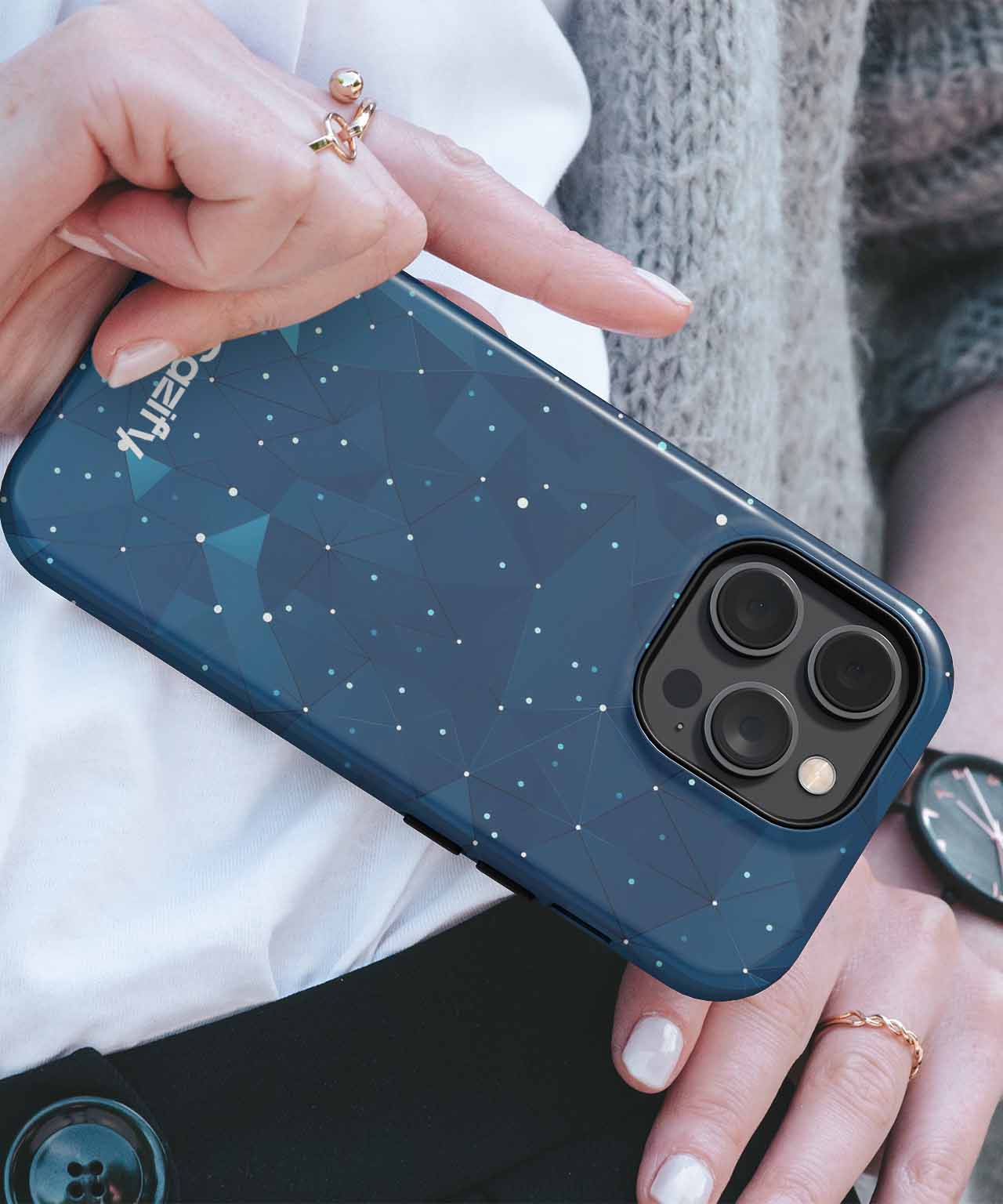 Dark blue iPhone case with small white star patterns and reinforced camera cutout. - Cazify Canada