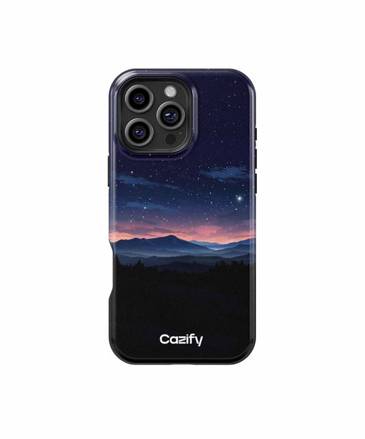 Cazify Canada - Phone case with night sky and mountain landscape design, black borders, Cozify logo at bottom.