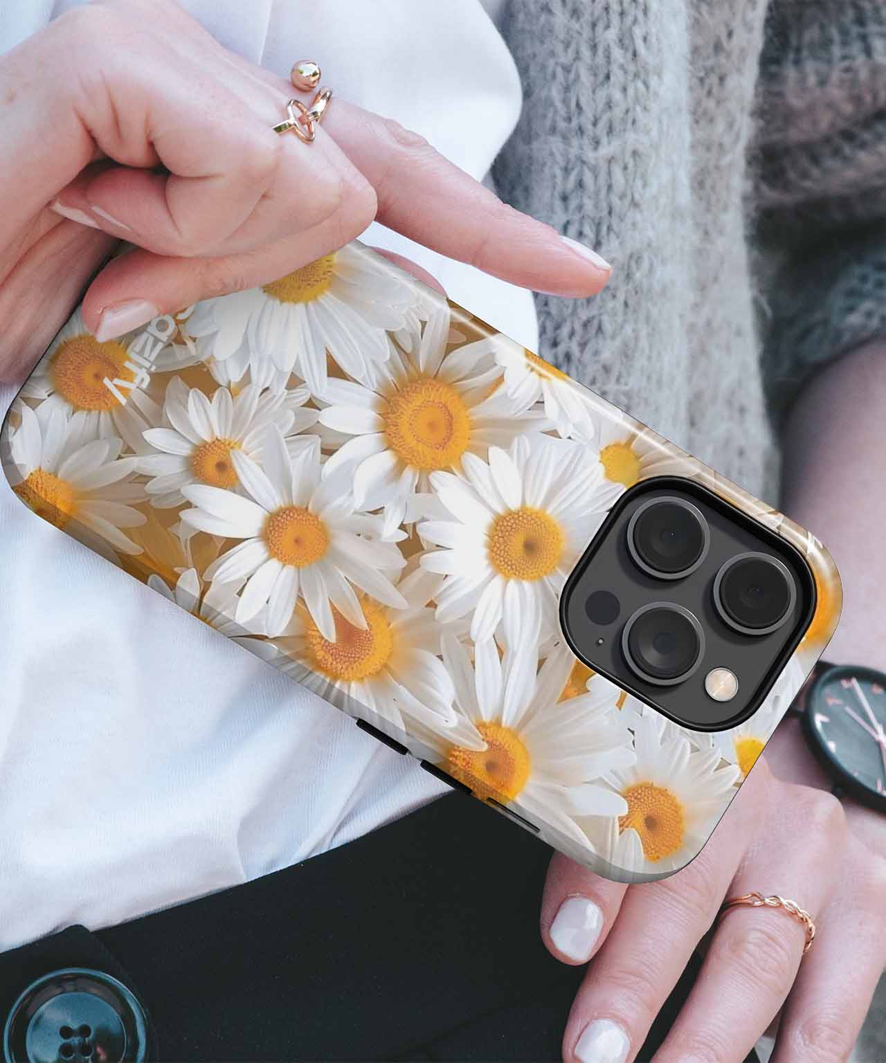 Transparent iPhone case with white and yellow daisy flower design. - Sunny Daisy Delightful Flower Power iPhone case - Cazify Canada