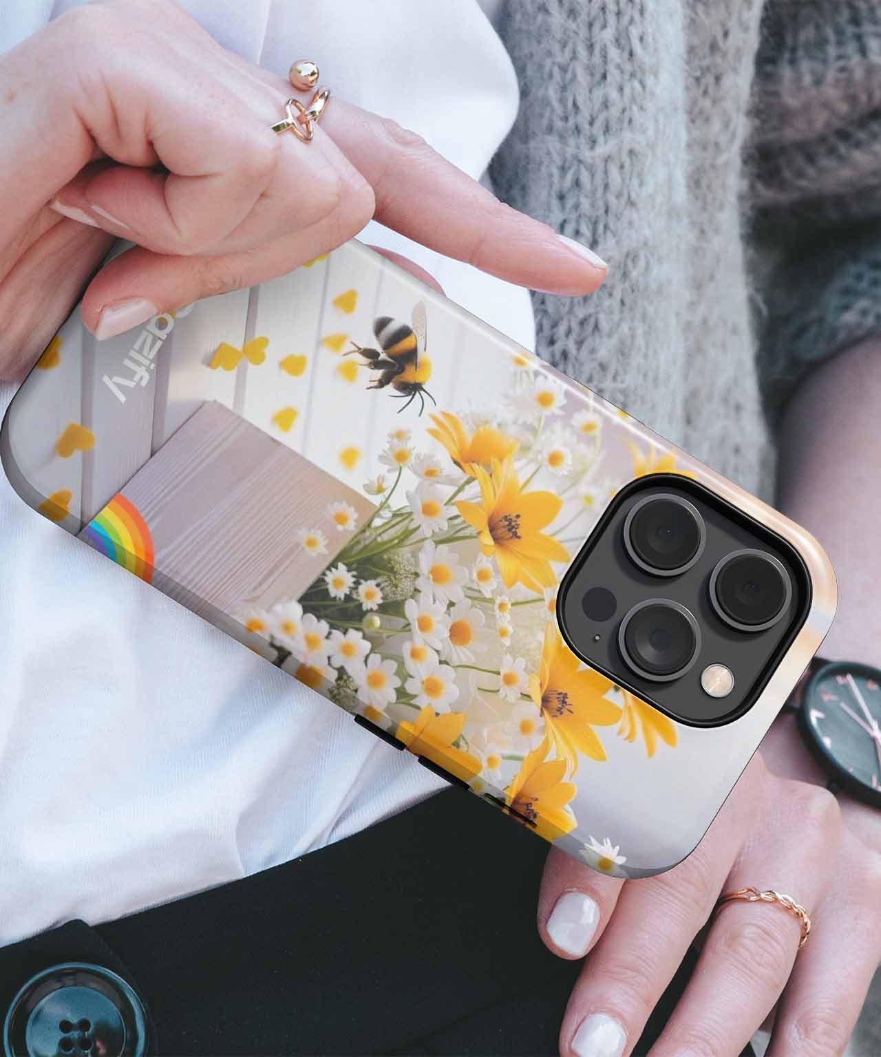 Transparent iPhone case with yellow flower and bee design, gold camera frame detail. - Sunny Delightful Blooming Bouquet iPhone case - Cazify Canada