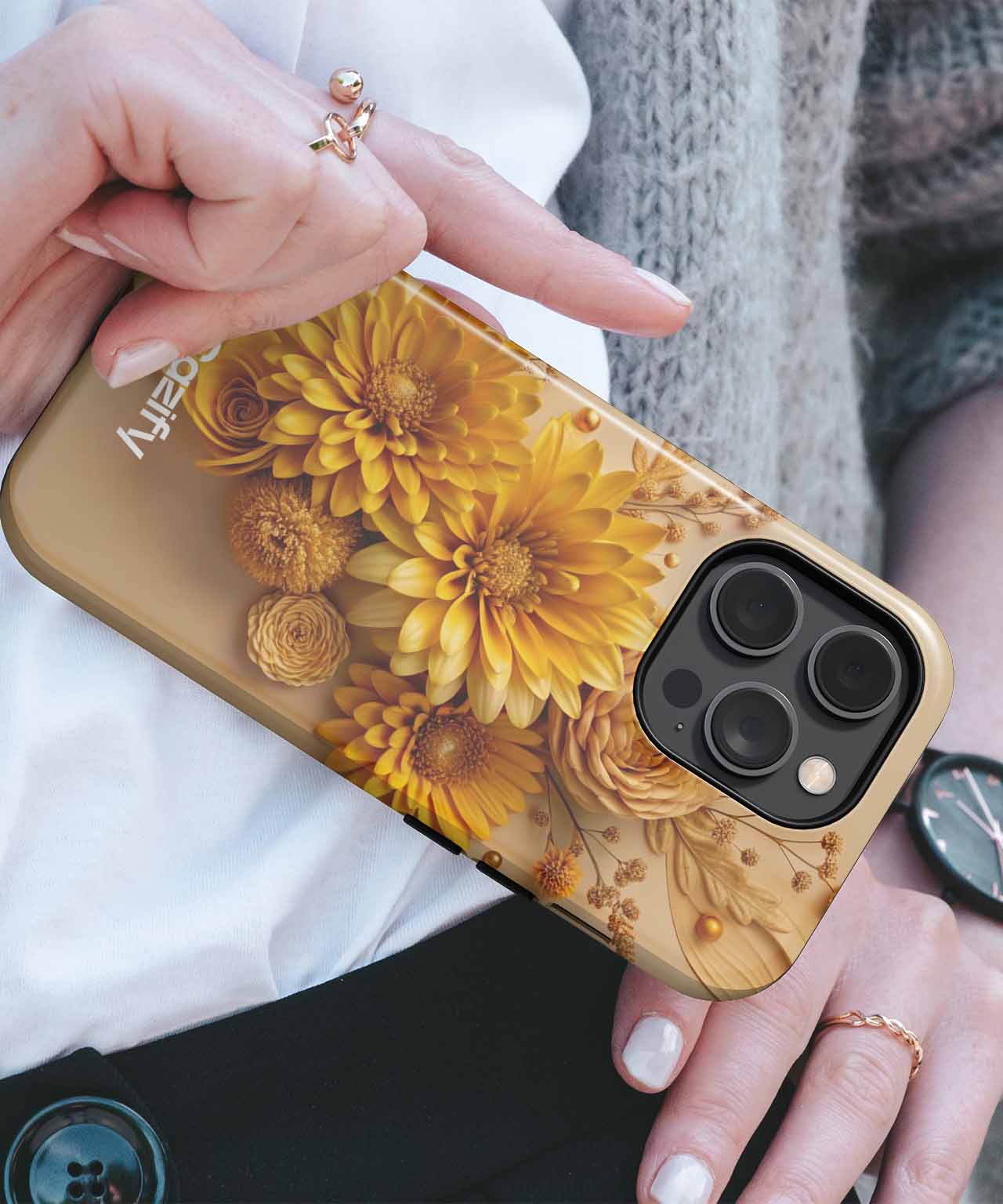 Transparent iPhone case with yellow floral design on gold frame for iPhone 16 Pro Max. - Sunny Delightful Floral Arrangement iPhone case - Cazify Canada