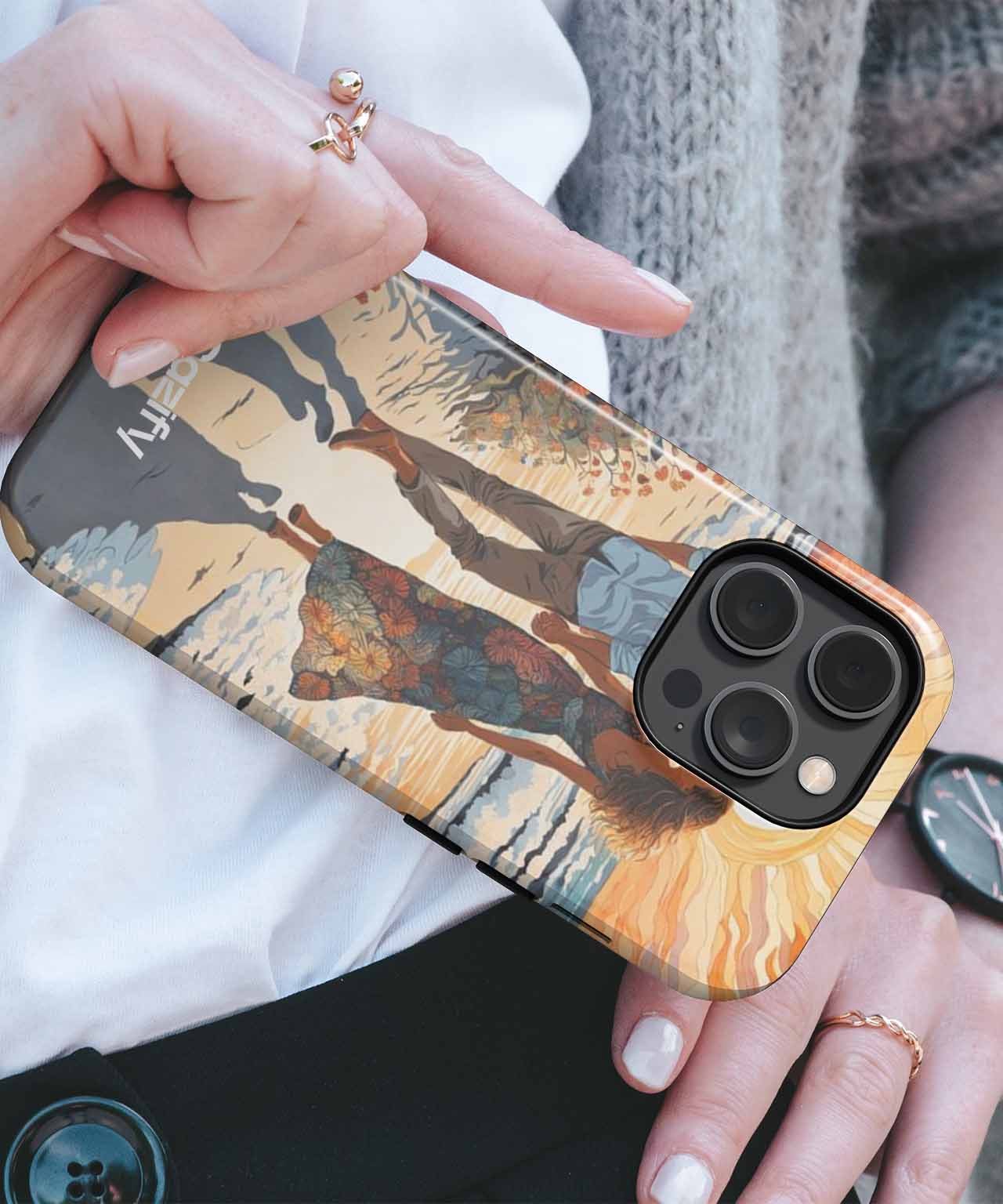 Gold and black abstract patterned iPhone case with camera cutout and reflective edges. - Cazify Canada