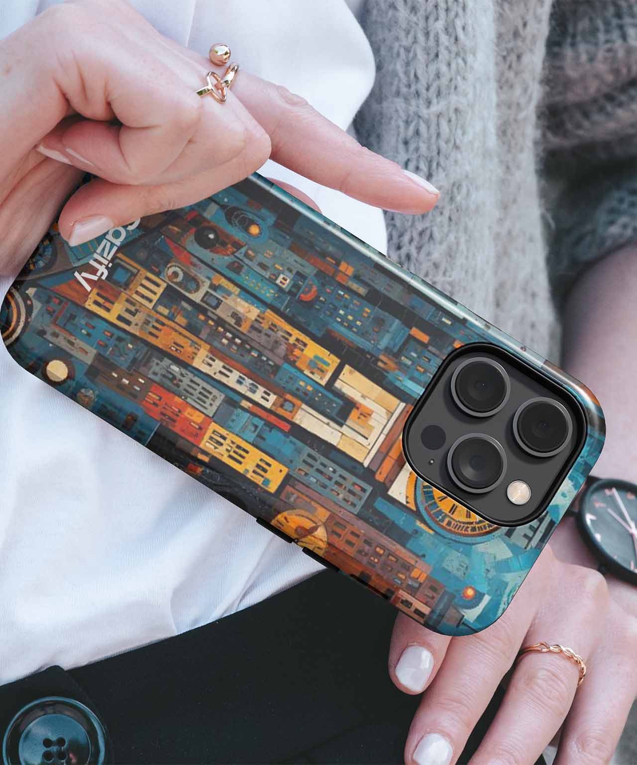 Timeless cityscape with dancing clocks iPhone case Case Cazify - Delivery Canada