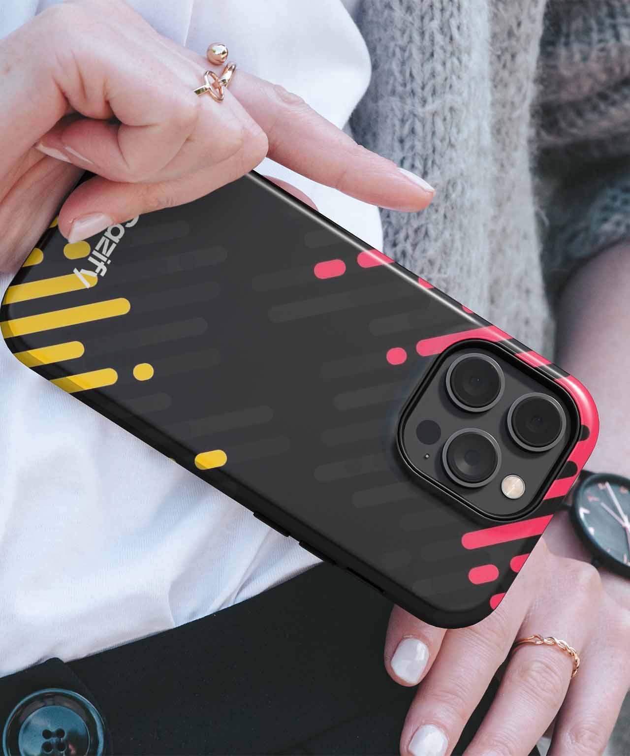 Black iPhone case with red and yellow diagonal stripes and a raised camera cutout. - Cazify Canada