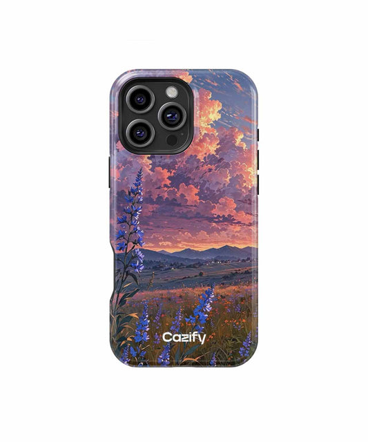 Cazify Canada - IPhone case with purple and orange sunset over mountains and wildflowers design.