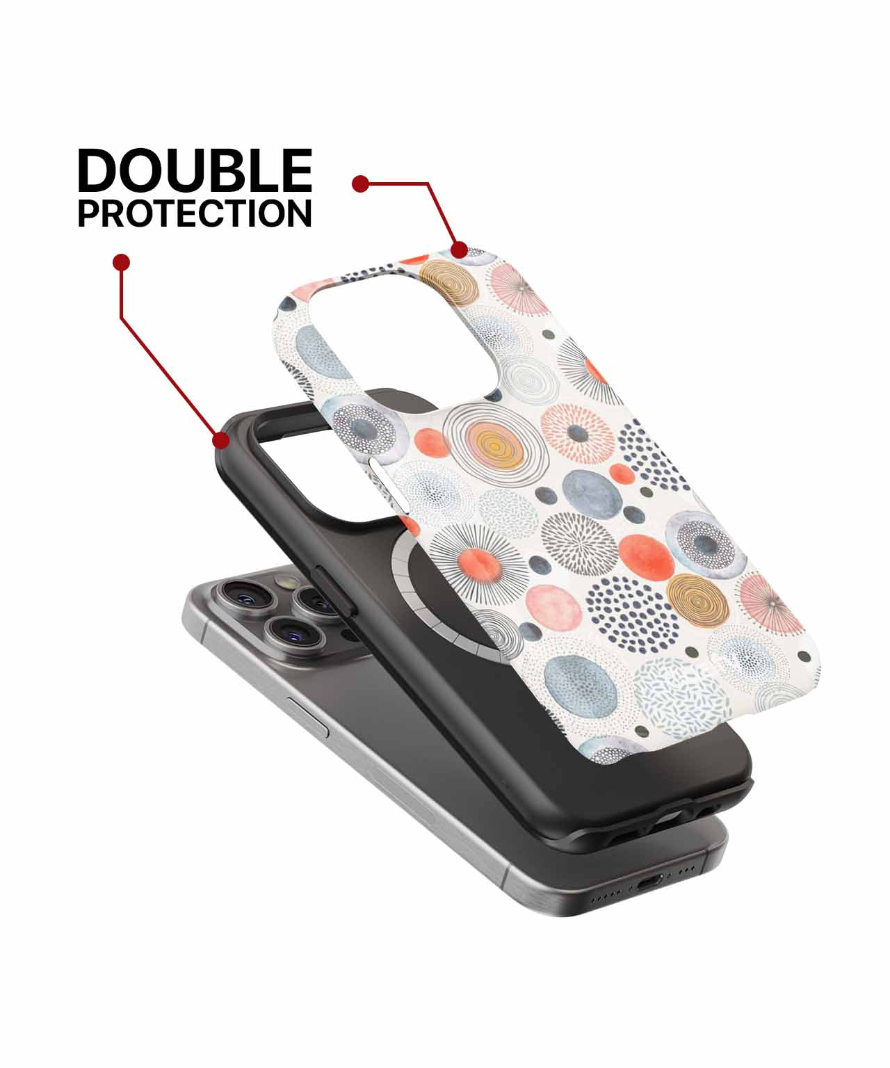 Layered phone case with colorful abstract circles and black inner protective shell for iPhone. - Cazify Canada