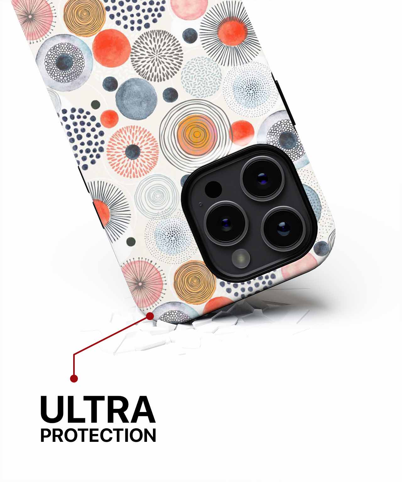 White phone case with multicolored circular patterns and black camera cutout showing quad lenses. - Cazify Canada