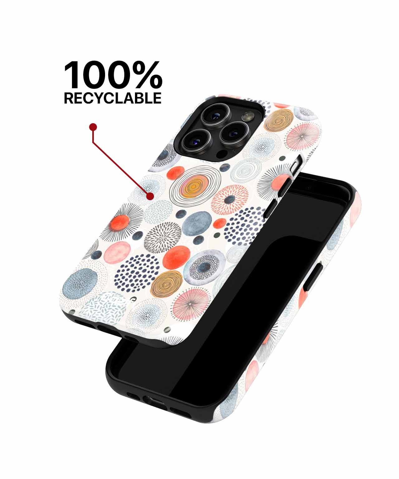 White phone case with abstract colorful circles and black edges, compatible with iPhone models. - Cazify Canada