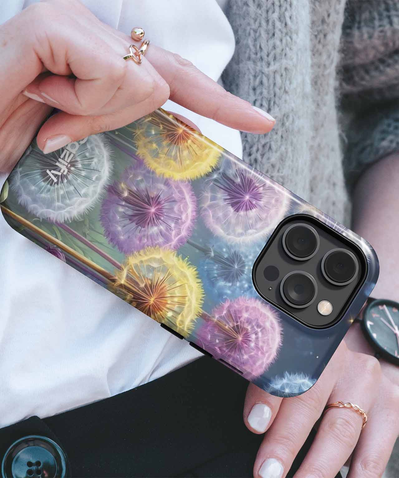 Clear iPhone case with colorful dandelion seed design and black camera frame. - Whimsical Colorful Dandelions in Bloom iPhone case - Cazify Canada