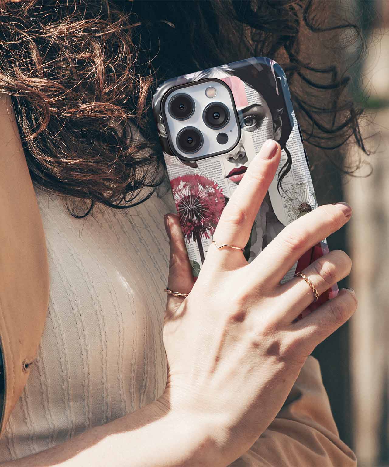 Whimsical Floral Portrait with Newspaper Background iPhone case Case Cazify - Delivery Canada