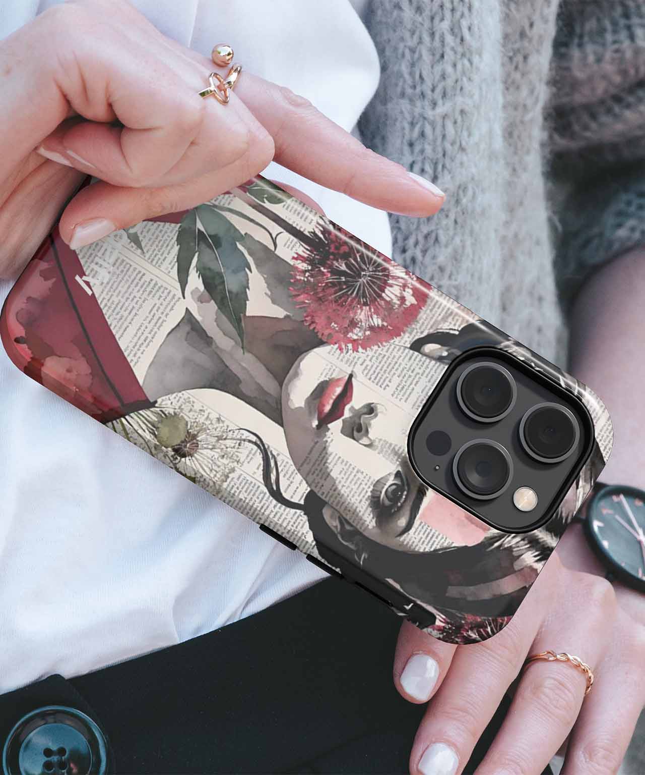 Whimsical Floral Portrait with Newspaper Background iPhone case Case Cazify - Delivery Canada