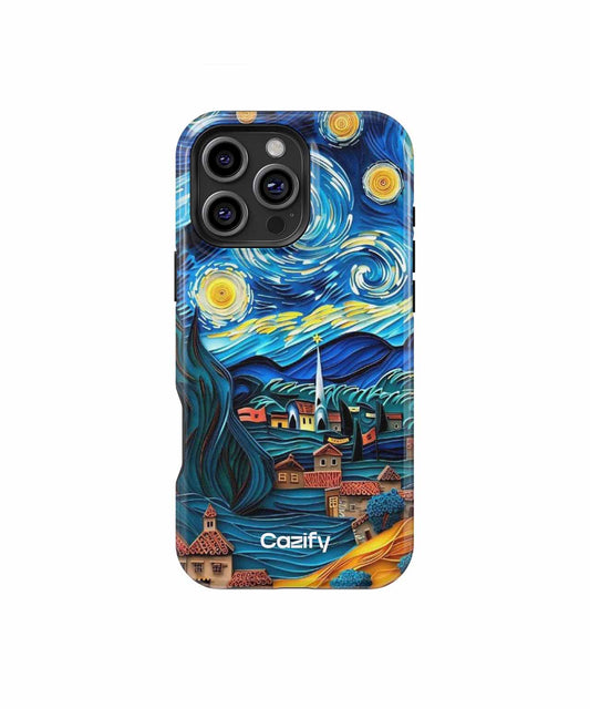Cazify Canada - Blue phone case with Starry Night painting and Cozify logo at bottom.