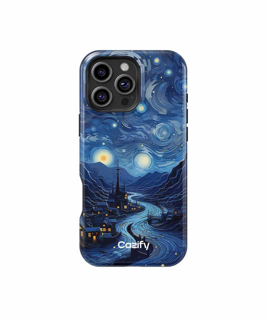 Cazify Canada - Blue phone case with Van Gogh-inspired starry night landscape and river scene.