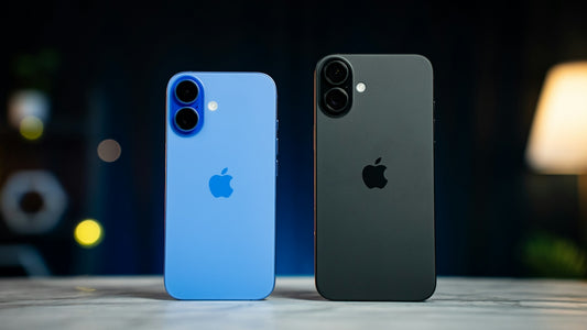 Two iphones sitting side by side on a table