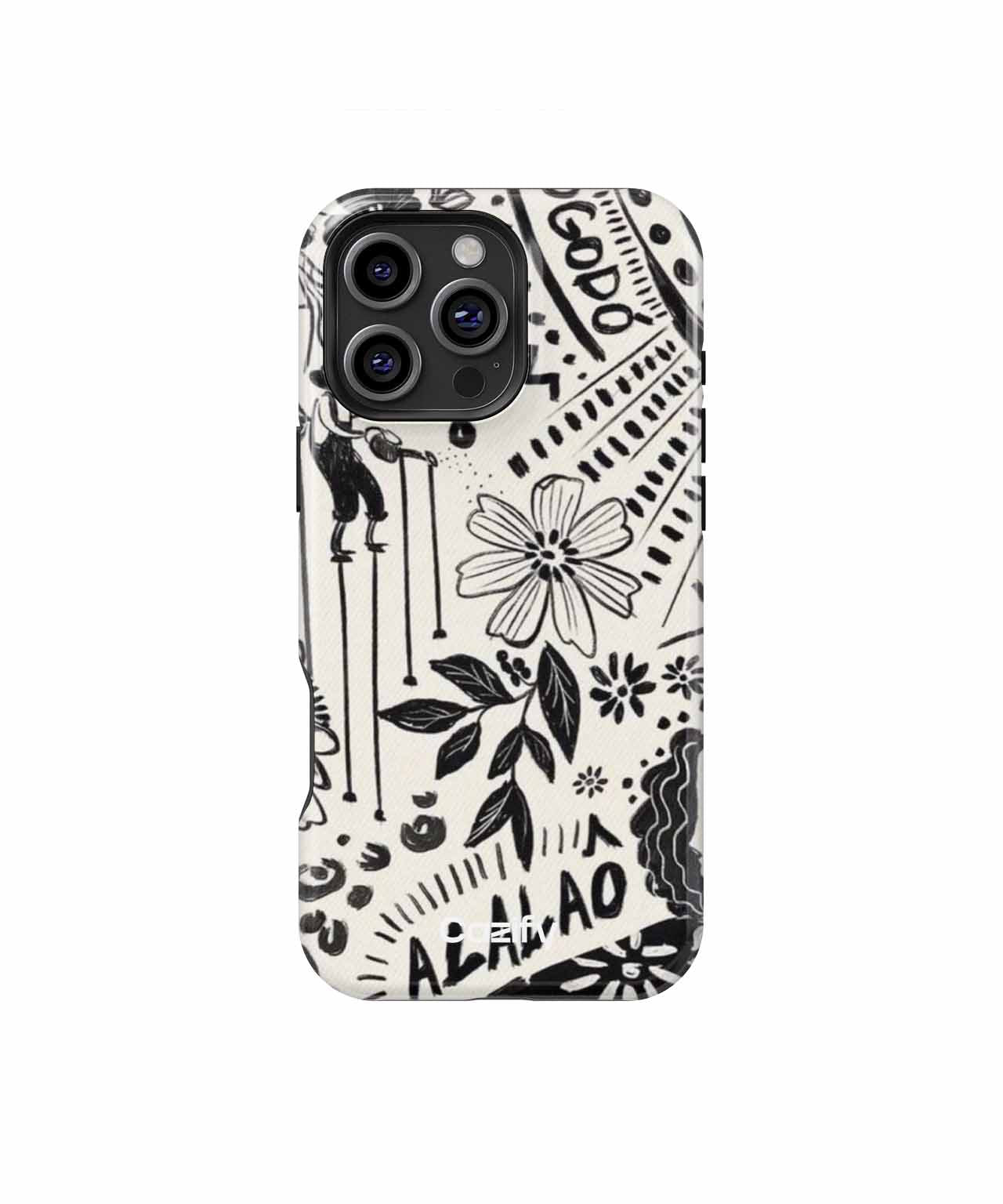 Black and white floral and abstract patterned protective phone case for iPhone with triple camera cutout. - Cazify Canada