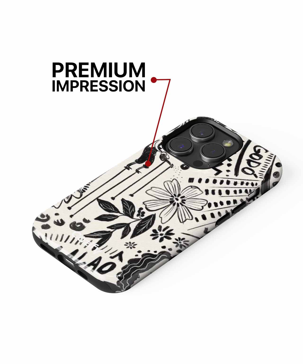 Cream phone case with black floral and leaf illustrations and "Premium Impression" text label pointing to the camera area. - Cazify Canada
