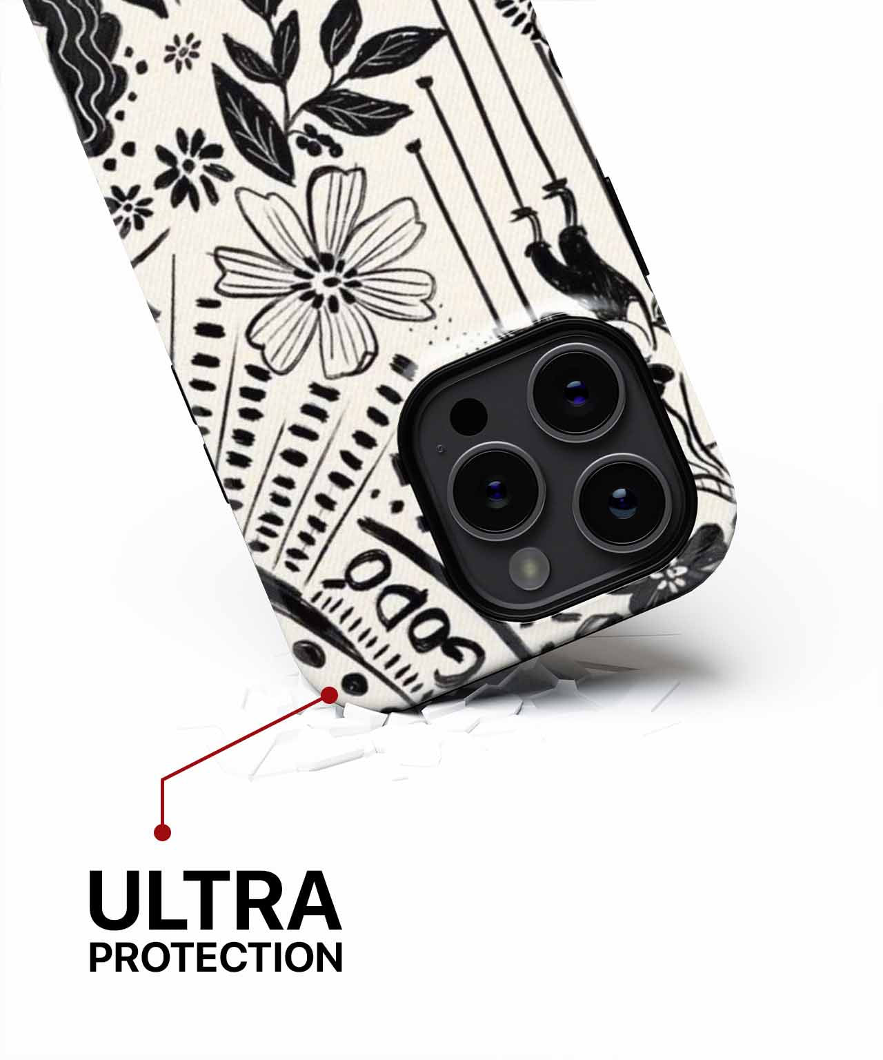 Black and white floral patterned iPhone case with reinforced corners and camera cutout. - Cazify Canada