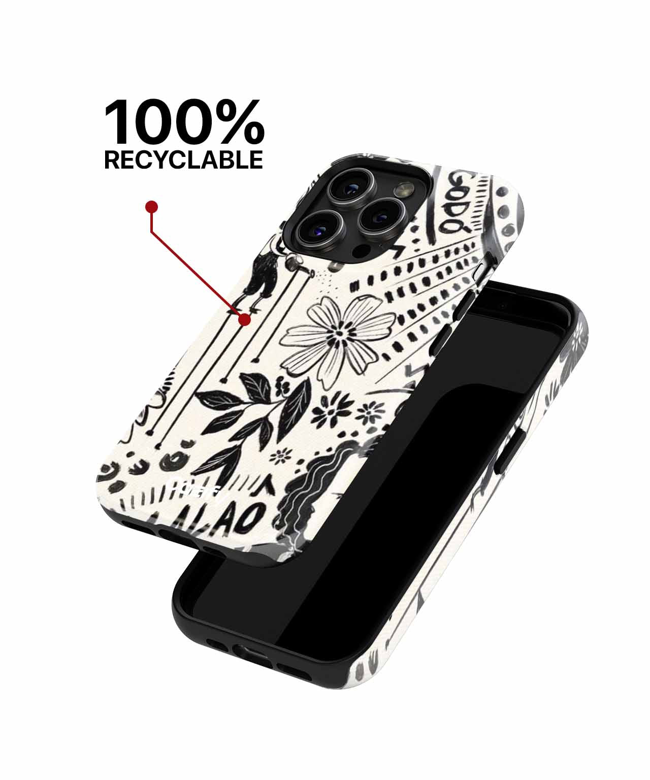 Black and white floral patterned phone case with camera cutout on black smartphone. - Cazify Canada