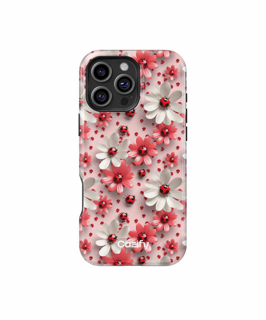 Pink and white floral iPhone case with 3D flower accents and black centers. - Blooming Delightful Garden Party iPhone case - Cazify Canada