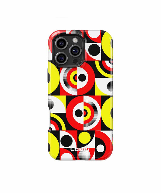 Colorful geometric pattern phone case with red, yellow, black, and white circles and squares. - Cazify Canada