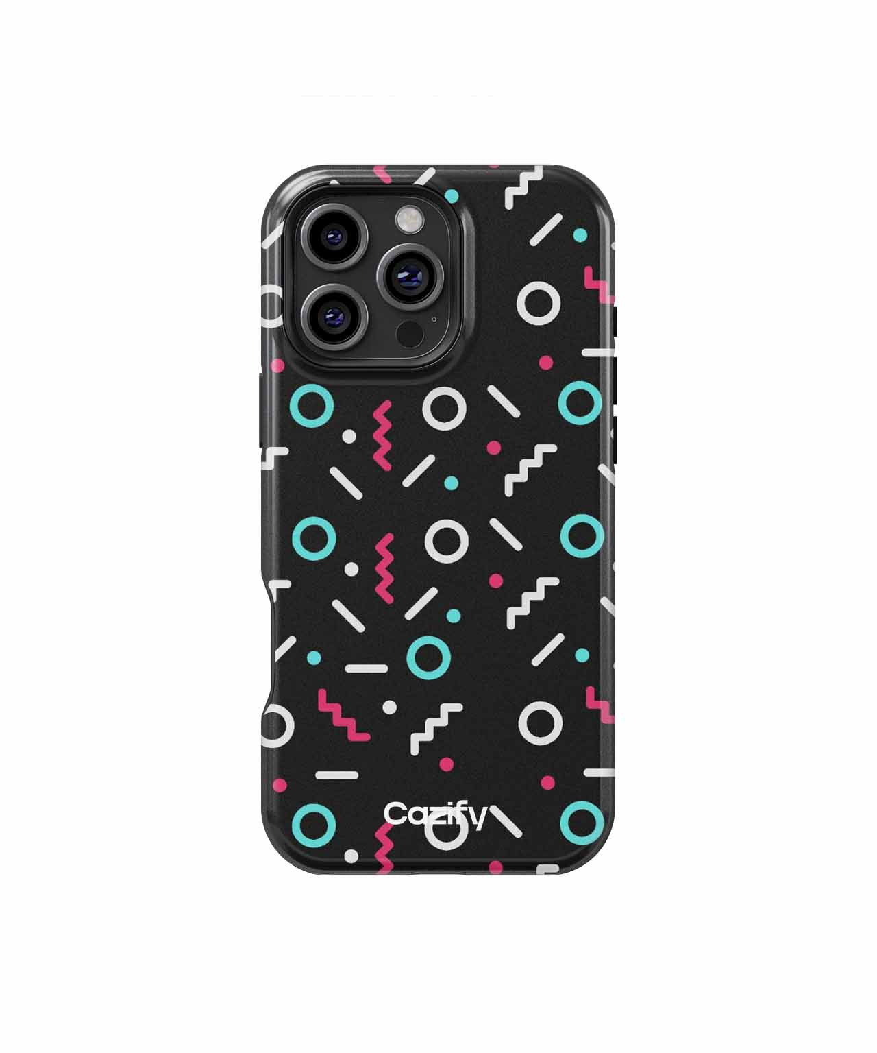 Black phone case with colorful geometric shapes in blue, pink, and white for iPhone Pro models. - Cazify Canada