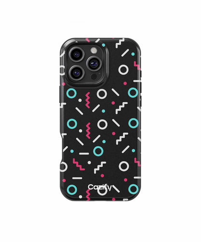 Black phone case with colorful geometric shapes in blue, pink, and white for iPhone Pro models. - Cazify Canada