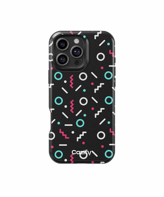 Black phone case with colorful geometric shapes in blue, pink, and white for iPhone Pro models. - Cazify Canada