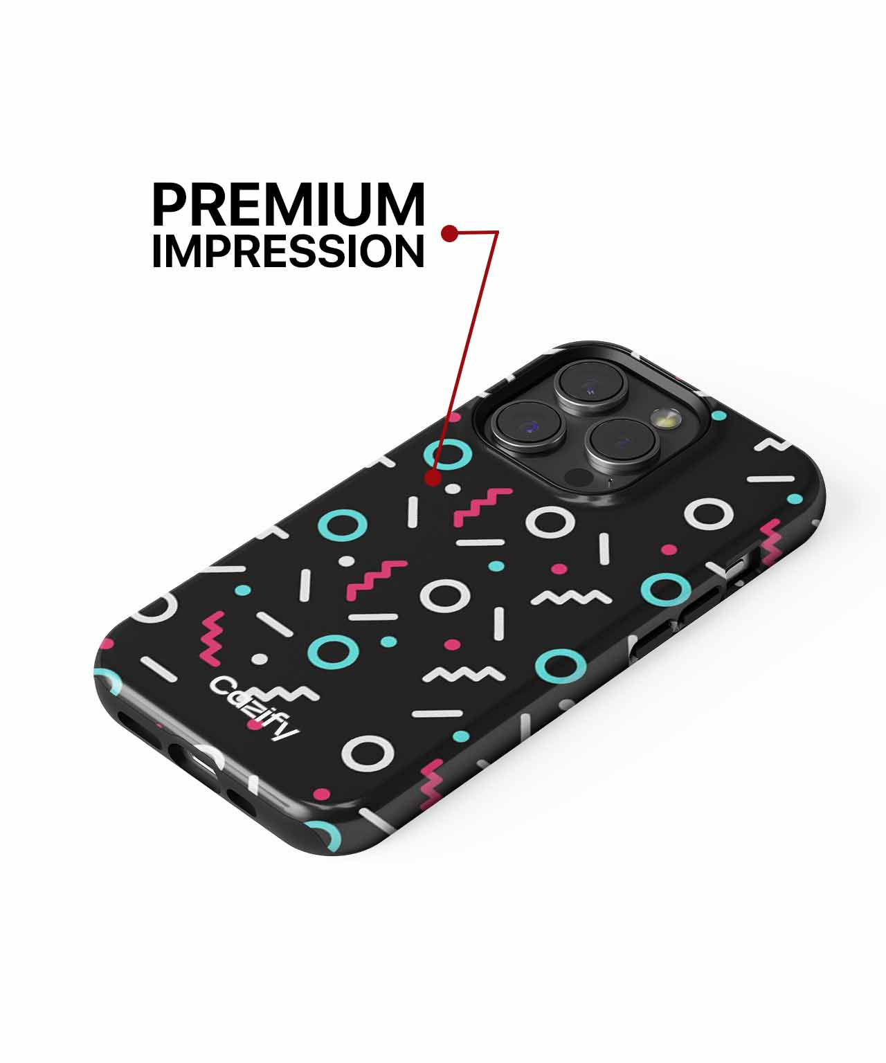 Black iPhone case with colorful geometric shapes and camera cutout for triple lenses. - Cazify Canada