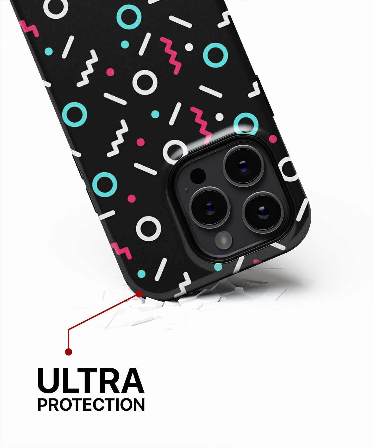 Black phone case with colorful geometric shapes and ultra protection label near corner. - Cazify Canada
