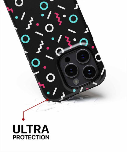 Black phone case with colorful geometric shapes and ultra protection label near corner. - Cazify Canada