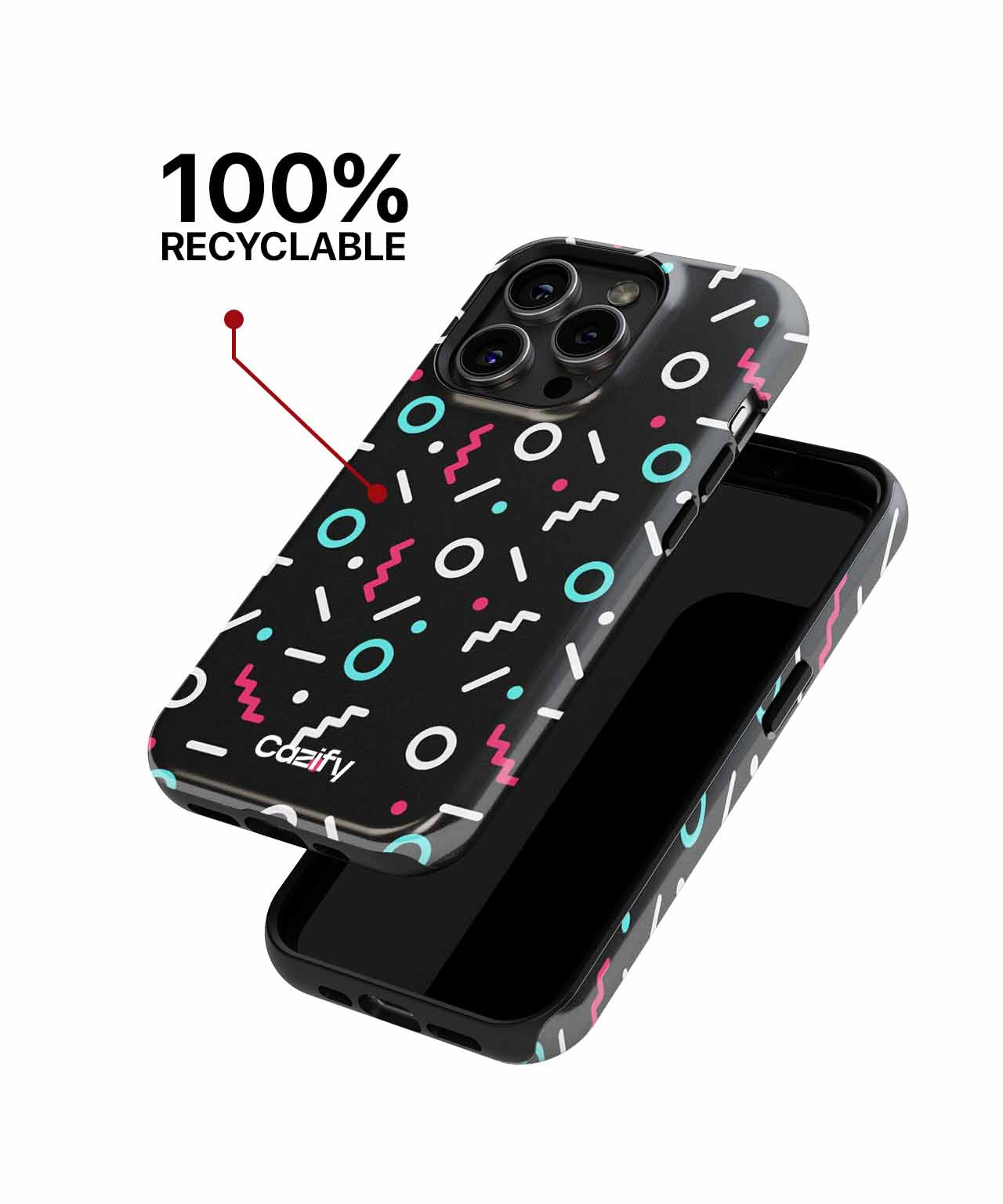 Black phone case with colorful geometric shapes and camera cutout, recyclable material label. - Cazify Canada