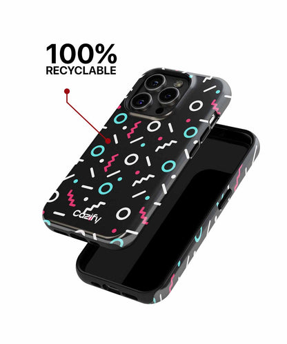 Black phone case with colorful geometric shapes and camera cutout, recyclable material label. - Cazify Canada