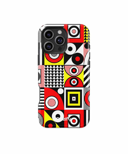IPhone case with bold geometric pattern in red, black, white, and yellow colors. - Cazify Canada