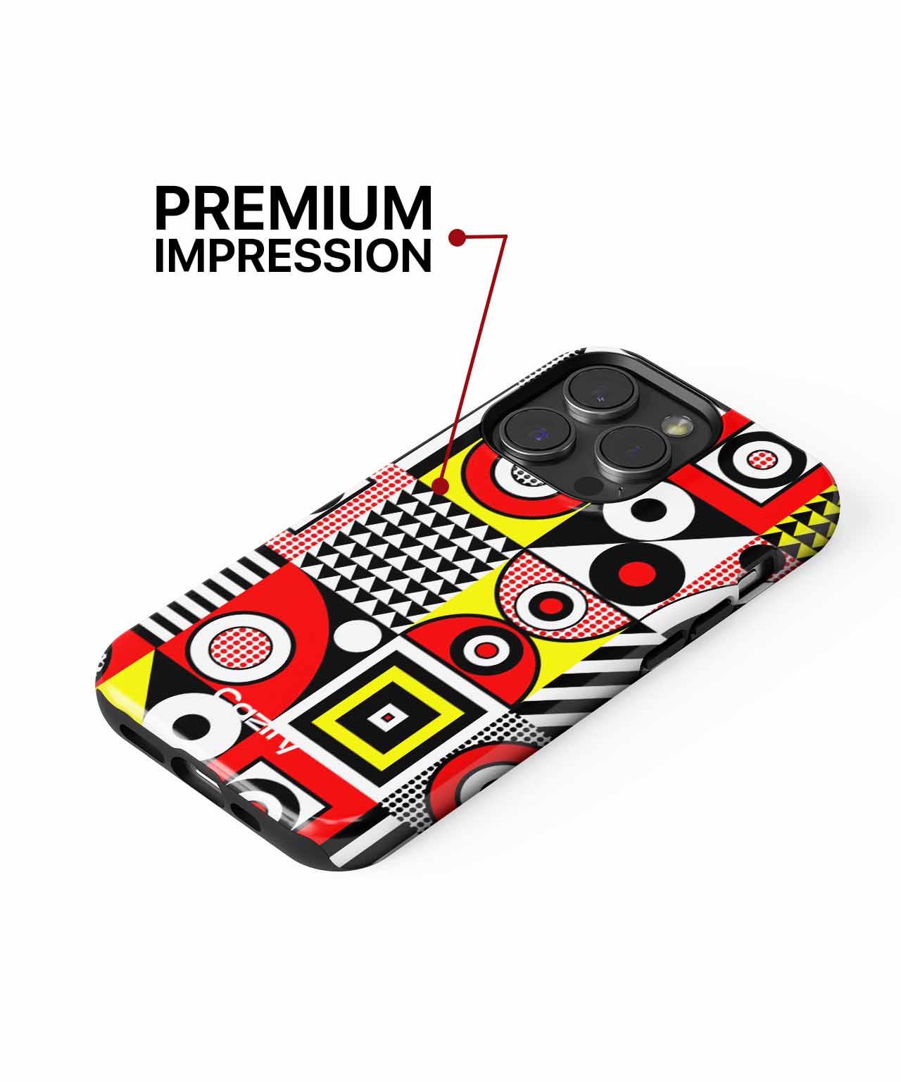 IPhone case with bold geometric pattern in red, yellow, black, and white colors. - Cazify Canada