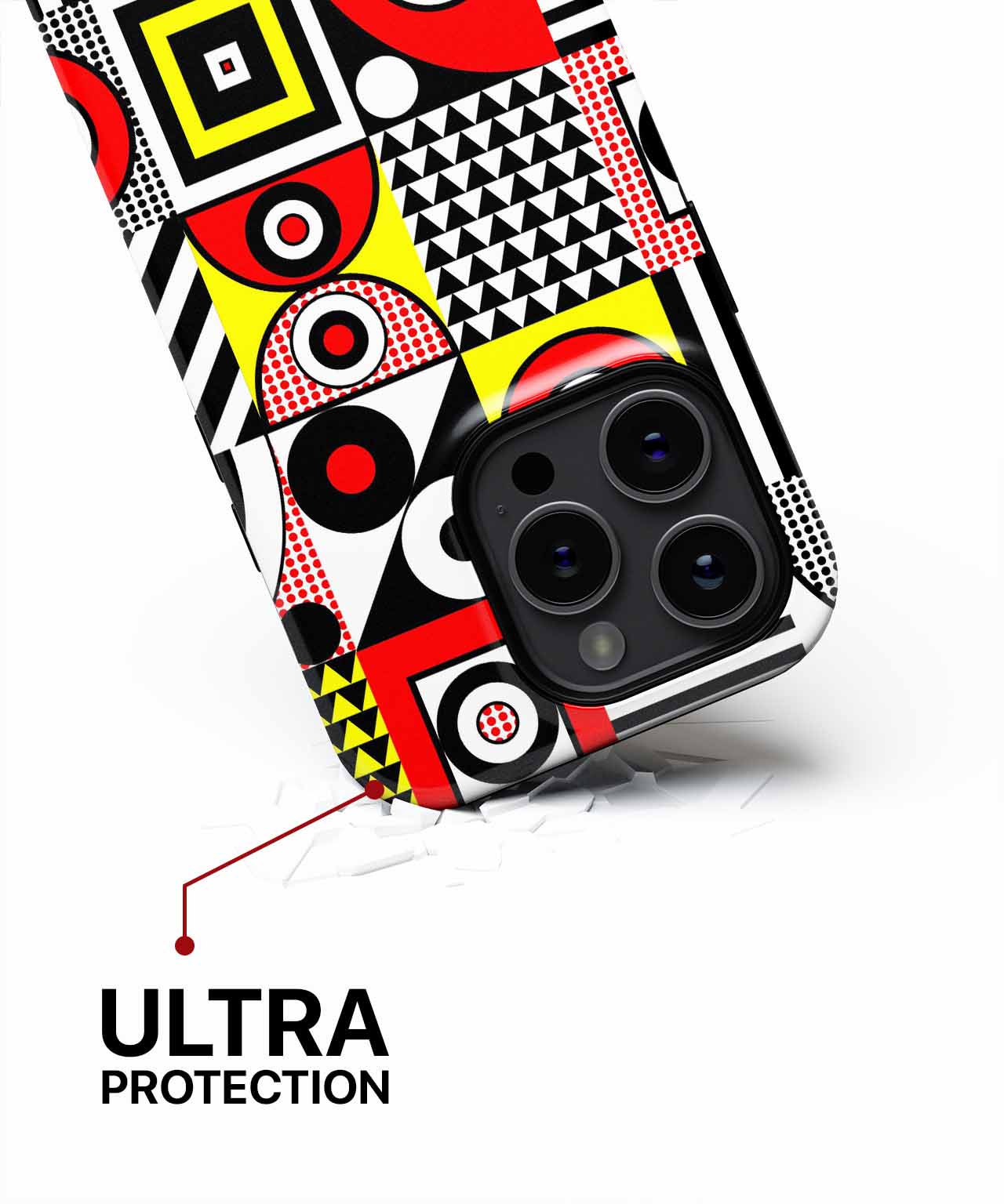 Geometric patterned phone case with red, black, yellow, and white shapes on an iPhone Pro model. - Cazify Canada