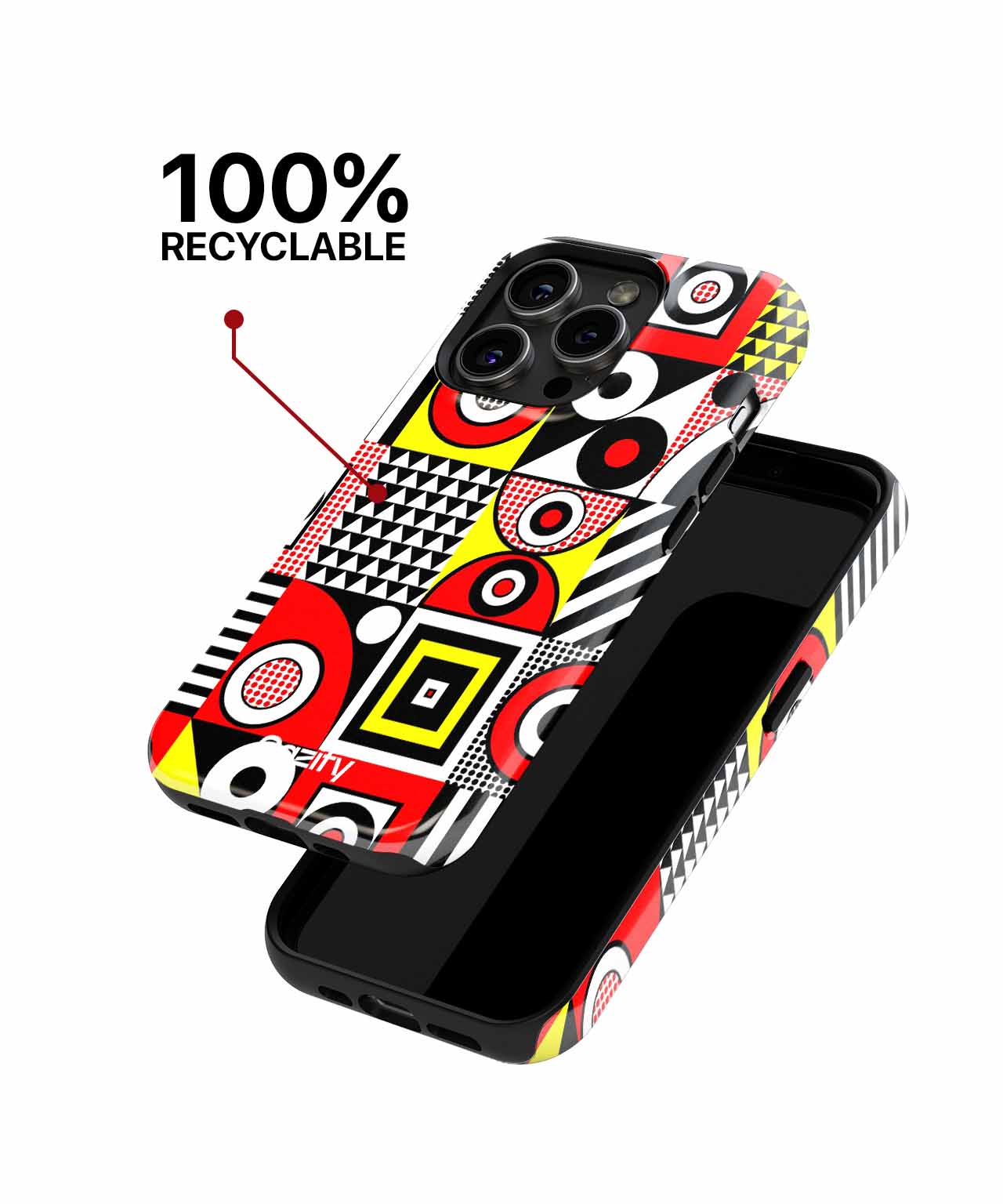 Colorful geometric patterned iPhone case with black camera cutout and 100% recyclable label. - Cazify Canada