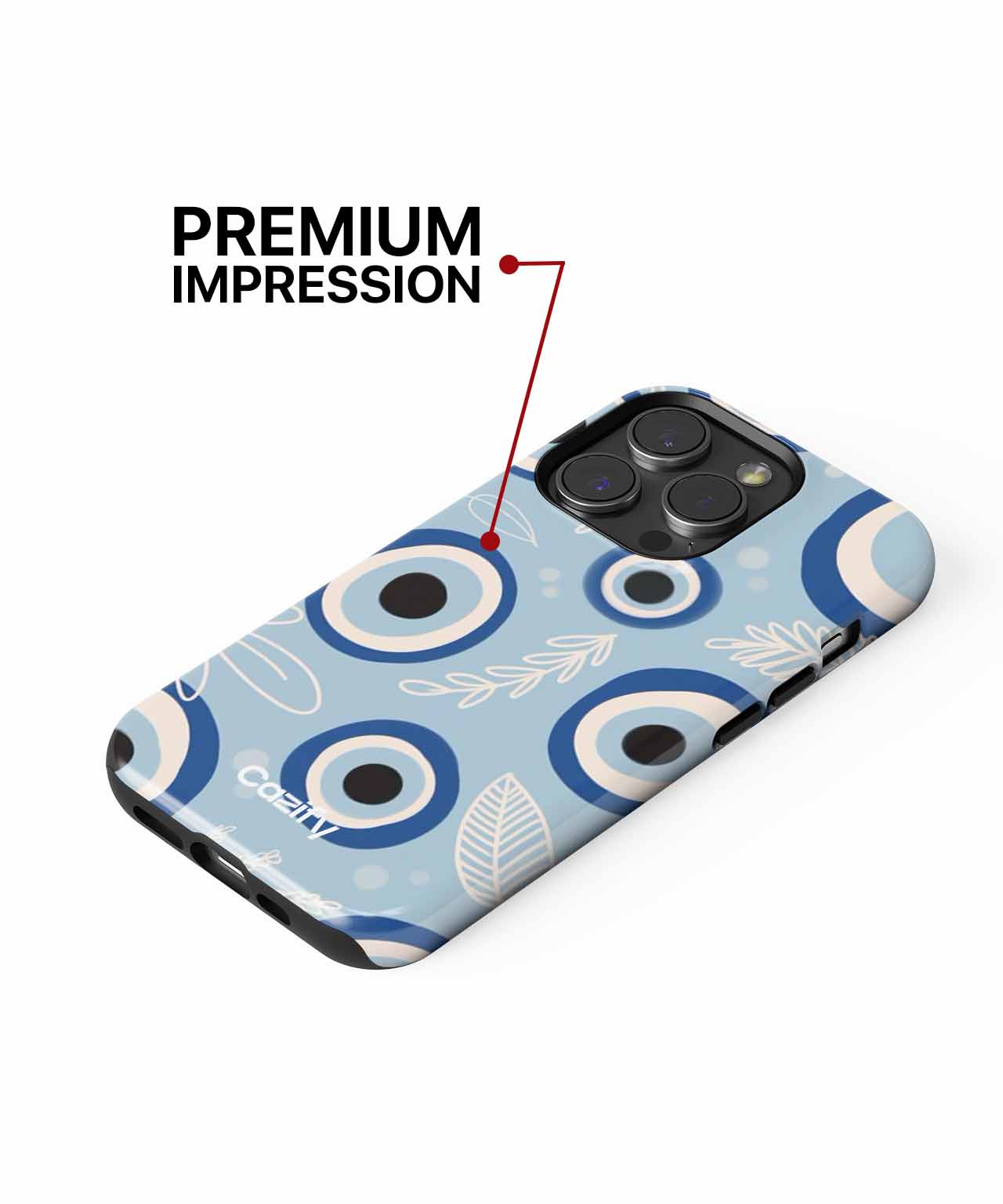 Blue eye pattern iPhone case with white leaf illustrations. Black camera cutout, sleek design. - 0jhi4e-01 - Charming Blue Eye Pattern Vibes iPhone case