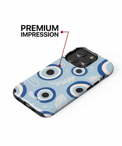 Blue eye pattern iPhone case with white leaf illustrations. Black camera cutout, sleek design. - 0jhi4e-01 - Charming Blue Eye Pattern Vibes iPhone case