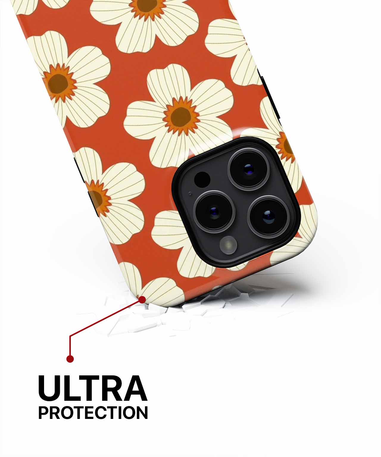 Cazify Canada | Art-Inspired iPhone Cases, Uniquely You! - Terracotta iPhone case with white floral pattern showcasing ultra protection feature. - Charming Floral Fiesta on Terracotta iPhone case