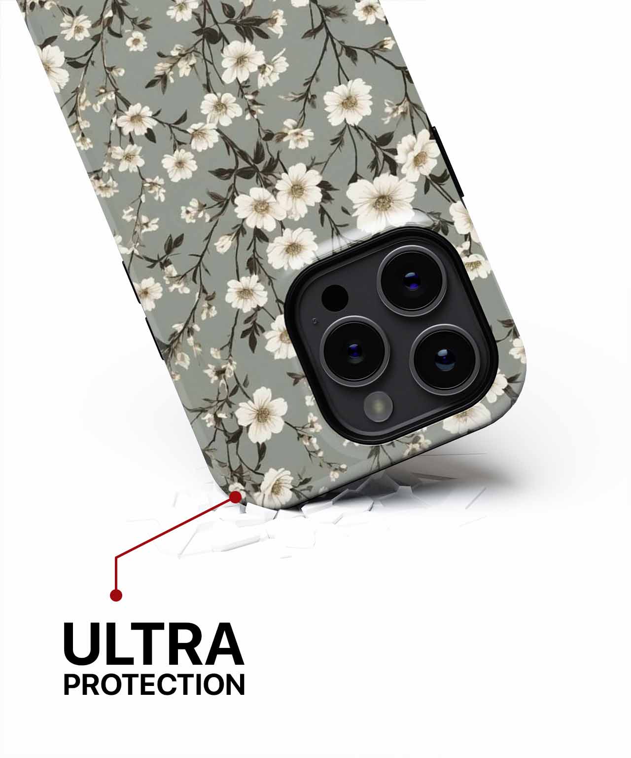 Floral patterned phone case with triple camera cutout and reinforced corners for ultra protection. - Cazify Canada