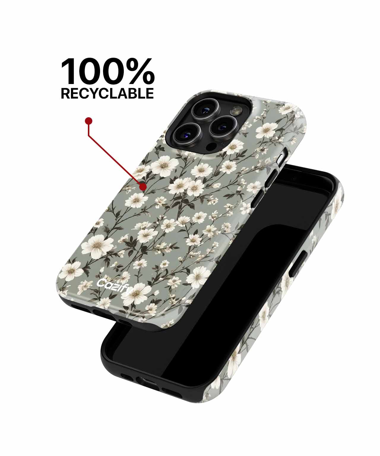 Floral patterned phone case with white flowers and green leaves for iPhone, 100% recyclable. - Cazify Canada