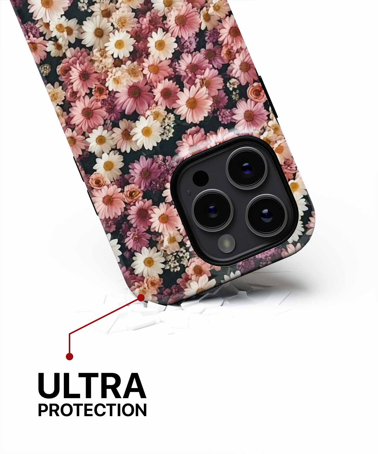 Floral-patterned phone case with raised edges for camera protection on black smartphone. - Cazify Canada