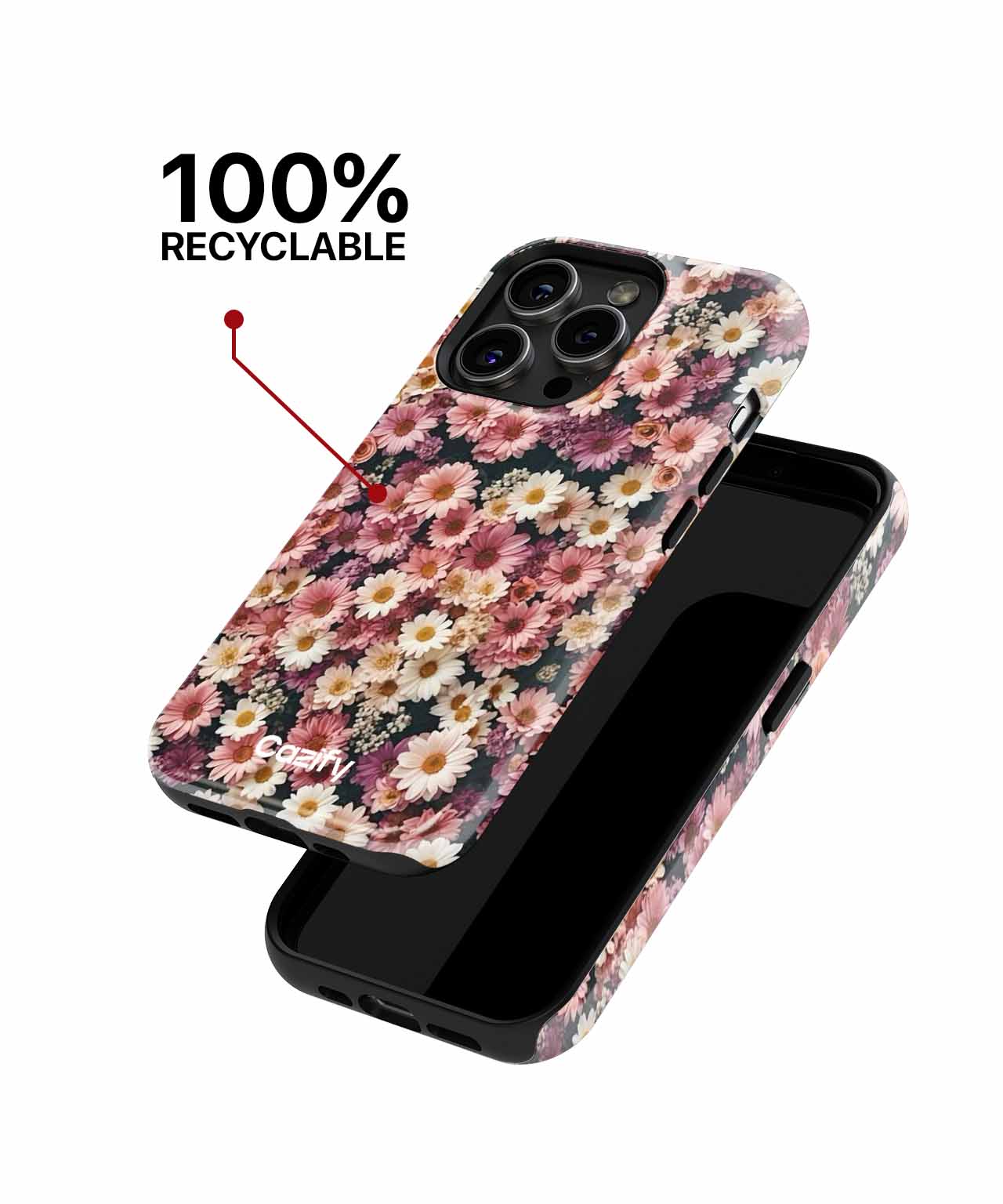 Floral patterned iPhone case with pink, white, and orange flowers and 100% recyclable label. - Cazify Canada