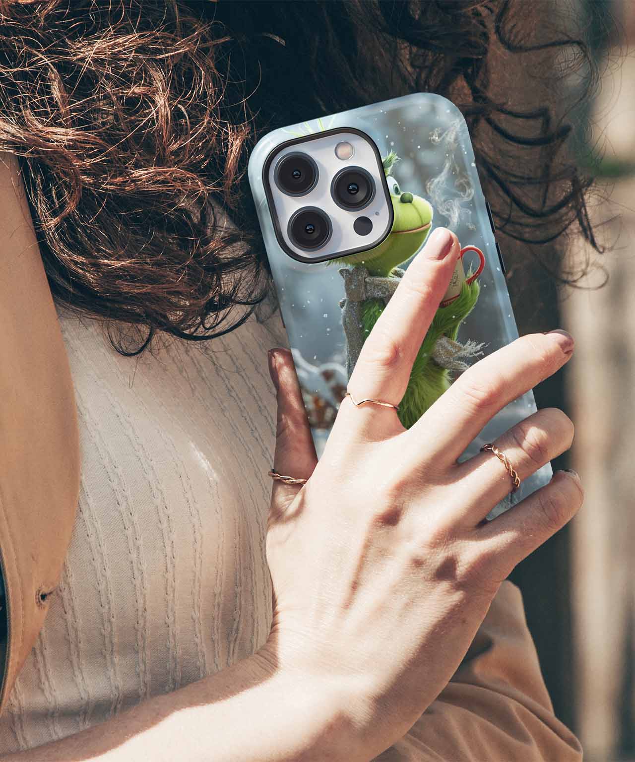 Cheerful Green Character Sipping Cocoa iPhone case Case Cazify - Delivery Canada