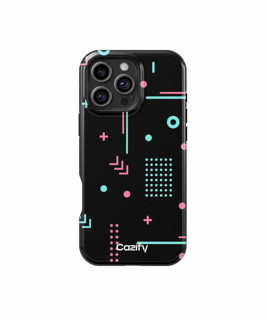 Black phone case with neon pink and blue geometric shapes and lines, "Cazify" logo at bottom. - Cazify Canada
