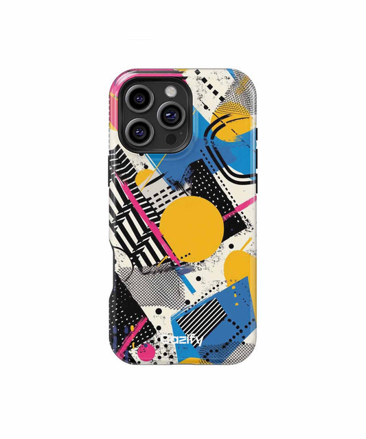 Colorful abstract geometric design phone case with black, yellow, blue, and pink shapes on white background. - Cazify Canada