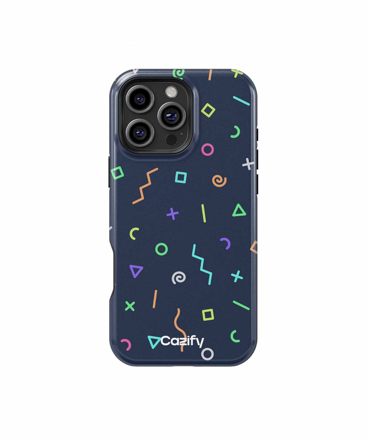 Dark blue phone case with colorful abstract geometric shapes and a triple camera cutout. - Cazify Canada