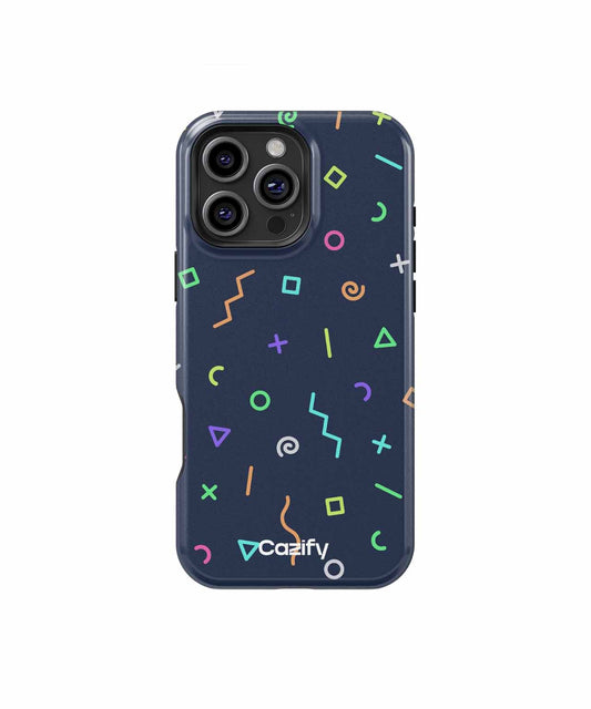 Dark blue phone case with colorful abstract geometric shapes and a triple camera cutout. - Cazify Canada