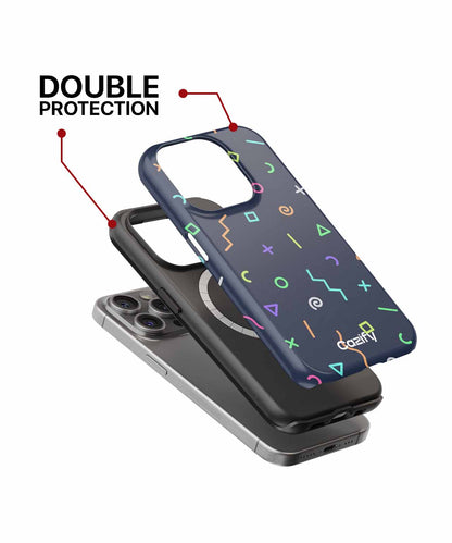 Black iPhone case with colorful geometric shapes and reinforced camera protector. - Cazify Canada